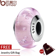 BAMOER Free Shpping 925 Sterling Silver Pink Fizzle Glass Charm Murano Glass Beads fit Charm Bracele