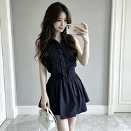 Old Money Style POLO Collar Navy Blue Shirt Sleeveless A-Line Jumpsuit Short Skirt VOZ0