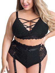 Chic Lover Plus Size Lingerie Set for Women Mesh Black Lace Bra High Waist Suspender 2 Pieces Underw