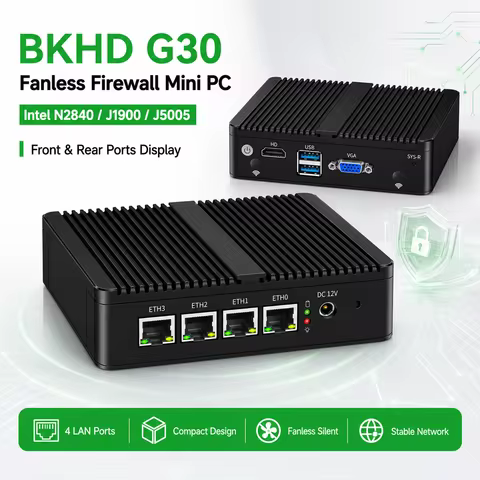 BKHD G30 Fanless Firewall Mini PC Intel N2840/J1900/J5005 DDR3L/DDR4 4 LAN Ports Soft Router Compati