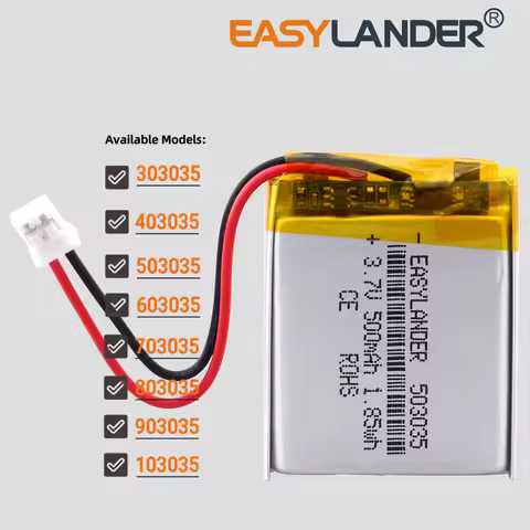 JST PH 2.0mm 2Pin 3.7V 500mAh 503035 Lithium Polymer LiPo Rechargeable Battery 303035 403035 603035 