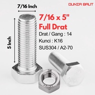 Stainless Hex Bolt 7/ 16 X 5 - Hexagon Bolt 7/ 16X5 SS304 / SUS304 / A2-70 Full thread