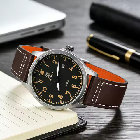 NDNZ vintage Casual Men's Watch, Brown Leather Strap, Business Men's Watch, Pilot Quartz Watch