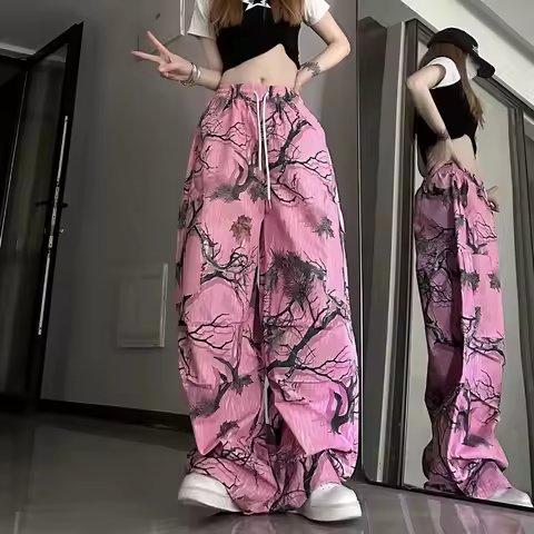 y2k pink Graffiti Full Print causal pants Street Hip-hop Fun Wide Leg Pants for Women Summer High Wa