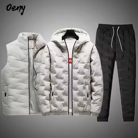 3PC Men Winter Down Cotton Sets Mens Thick Jacket+Pants Suit Man Hooded Sweatshirt Sportswear Tracks