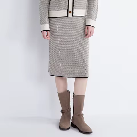 TH652104 Minimalist Luxury Women’s Wool LP Skirt 70% Wool 30% Cashmere Knit Midi Skirt