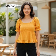 (trendy6)Lovito Boho Blouse Plain Ruffle Hem Summer/Spring Blouse for Women L132ED655 Lovito Blaus B