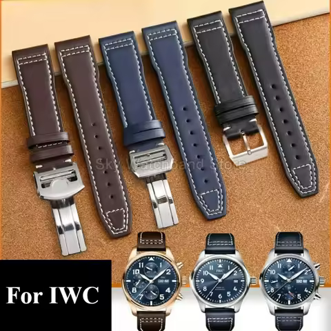 20 21 22mm Black for IWC Pilot's Mark 18 Spitfire Genuine Leather WatchStrap Flat Interface Folding 
