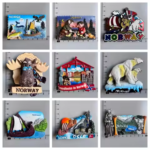 Norway fridge magnet set viking troll moose polar bear wildlife oslo trondheim geiranger travel souv