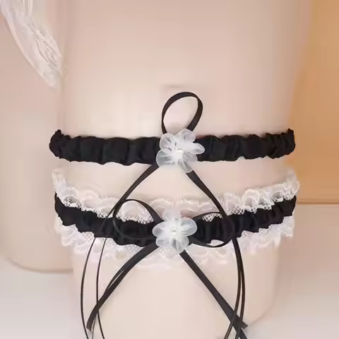 2Pcs Bridal Garters Embellished Pearls Flower Bowknot Formal Event Accessories