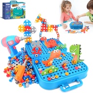 298Pcs Dinosaur Toy Magic Montessori Play Toolbox for Kids, 2D/3D Creativity Tool Box with Drill, De