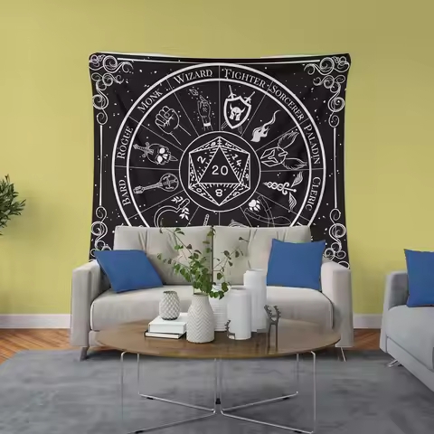 Fantasy Indoor Wall Tapestry, DND 5e Black and White Dungeons and Dragons Class Custom Zodiac Astrol