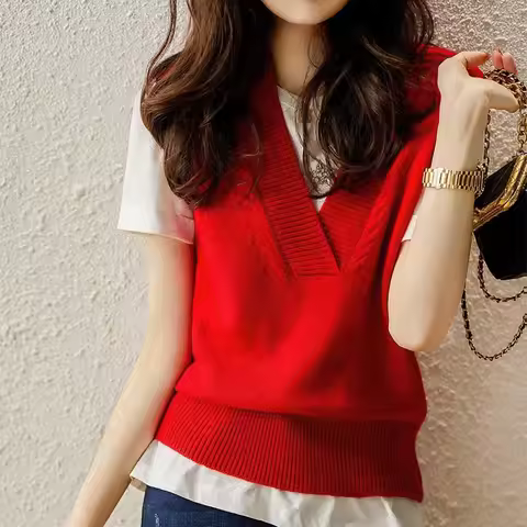 Sueters De Mujer Red V-Neck Knitted Women Sweater Vest Fashion Sleeveless Knit Sweater Vest Women To