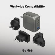 ENERGEA Travelworld GaN100/ GaN66 3C1A/2C1A PD/PPS/QC3.0 Wall Charger 100W (US+UK+EU+AUS) - Gunmetal