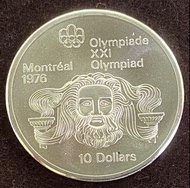 (1.5安士）加拿大.1974年蒙特利爾奥運會紀念銀幣.宙斯10 元.925銀              (可議價）