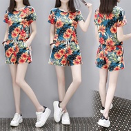 Sale‼️ ชุดเซต 2 ชิ้น（เสื้อ+กางเกง）ลายดอก สไตล์สาวเกาหลี น่ารักใสๆ ผ้าโปร่งเบา สวมใส่สบาย รุ่น  สีส้ม