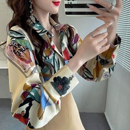 เสื้อเชิ้ตผู้หญิงแขนยาวพิมพ์ลายแฟชั่นฤดูใบไม้ร่วงปี 2023 เสื้อเชิ้ตผ้าชีฟองทรงหลวมสบายๆ สำหรับผู้หญิ
