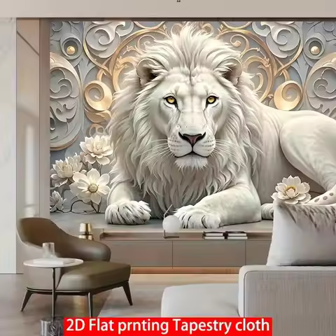 White Lion Wall Tapestry Gold Ornament Background Animal Art Luxury Home Decor 2D Flat Print