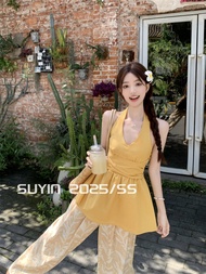 ชุดกางเกงขากว้างหลวมๆ สีเหลือง SUYIN สำหรับผู้หญิงในช่วงฤดูร้อนปี 2025 พร้อมเสื้อคอวีและกระโปรงสั้น