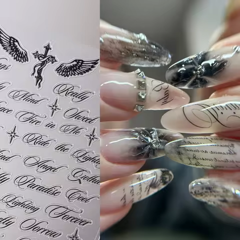 Black and White Letter Words Nail Stickers - Angel Wings letter Mixed Designs Holographic Y2K Nail D