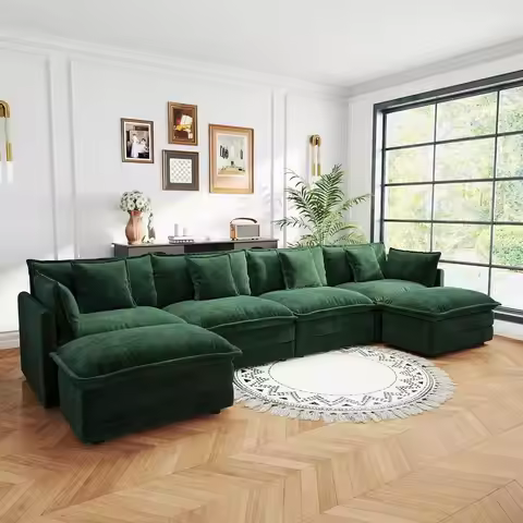 4-Seat Sectional Sofa with 2 Removable Ottomans, Plush Green Deep Seating (146.5)
