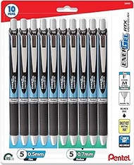Pentel Energel Needle Tip Black Liquid Gel Ink Pens Variety Pack Of 10 (5 Energel 0.7 and 5 0.5 mm Pens)