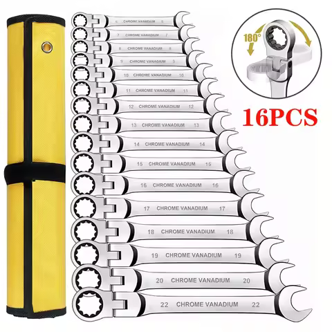 Ratcheting Combination Wrench Set, 6-23mm Metric Flex Head Ratcheting Wrench, Chrome Vanadium Steel 