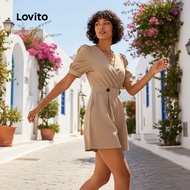 Lovito Jumpsuit Santai Wanita Khaki Musim Bunga/Panas Berlipat Butang L142ED633