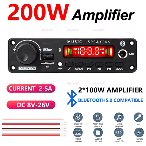 200W Bluetooth 5.0 Amplifier Board JX-Y28 2x100W Stereo Audio Power Amp USB TF FM AUX Mic Karaoke Si