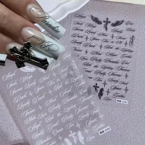 Black and White Letter Words Nail Stickers - Angel Wings letter Mixed Designs Holographic Y2K Nail D