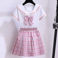 Fashion Clothes for Kids Girls 3-14 Year Old 2pcs Set Korean Plaid JK Skirt + Navy Collar Shirt Tops