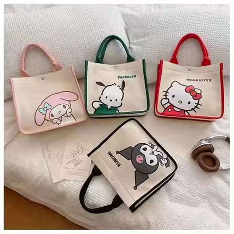 Pochacco Kuromi My Melody Canvas Tote Bag, Cute Makeup & Lunch Handbag for Students, Portable Daily 