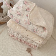 Ins floral cotton yarn plus velvet blanket double-sided double-layer cotton hook lace blanket baby b