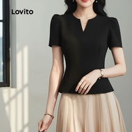 Lovito Blouse Hitam Pleated Kasual untuk Wanita L134ED279