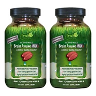 Irwin Naturals Brain Awake Max3 + Nitric Oxide Booster - 60 Liquid Soft-Gels, Pack of 2 - Support Br