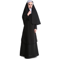 แม่ชีชาวคริสต์ชุดเดรสเสื้อคลุมชุดแม่ชีสำหรับผู้หญิงเสื้อคลุมยาวมีฮู้ดวันฮาโลวีนสีดำ
