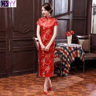 CKYY ชุด cheongsam สีแดงสไตล์จีนใหม่ซิปด้านข้างสีแดงที่สวยงาม เสื้อผ้าสไตล์จีน，ชุดประจำชาติ，ชุดราตรียาว