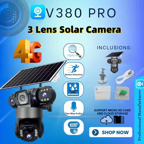 V380 Pro 3 Lens IP Solar Camera HD 15 MP Outdoor Waterproof CCTV Night Vision Two-Way Audio Camera M