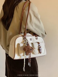 KYUSHUAD  กระเป๋าสะพายแบบพกพาสำหรับเดินทางไปทำงานใหม่กระเป๋าหมอนสีน้ำตาลเบจย้อนยุค