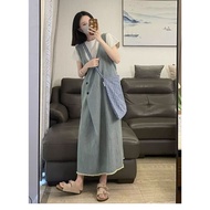 Ord- Light blue denim overalls, women's cross-button long camisole dress, 118cm long, loose A-form d