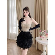 ĐẦM 2 DÂY LÔNG VŨ KÈM GĂNG TAY NHÀ KT CLOTHING
