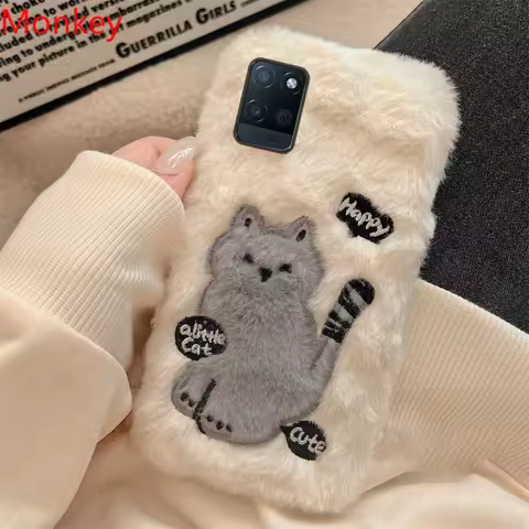 Korean Cute Cat Fur Fluffy Case For OPPO Realme C35 C53 C55 C67 Reno 11 10 8 8Z 8T A98 A78 A58 A38 A