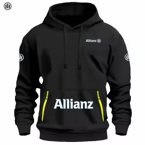Allianz's new European men's sports sweatshirt, featuring a zipper and pocket design, a cap-style so