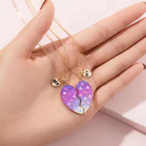 Heart-shaped Scallion powder Sequin Pendant Best Friend Chain Lovely BFF Friendship Necklace for Fri