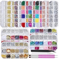 12 Boxes Nail Rhinestones Gems KitGold/Silver Metal StudsMixed Sizes Flatback Crystals RhinestonesHa