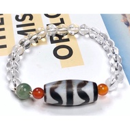 Tibetan Dzi Beads Double Tiger Tooth Dzi Beads With Clear Quartz Bracelet 藏传老矿双虎牙天珠配白水晶手链28.1x13.2mm