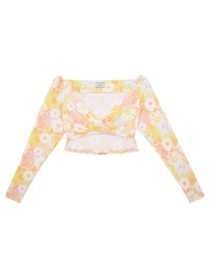 KLOSET Smiley Sun Dye Print Crop Top (RS23-T011) เสื้อยืดคอวีแขนยาวลายดอก