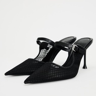 [special Selection] Authentic ZARAˉ 2025 Womens Shoes Black Mesh Fabric Pointed Stiletto Heel Muller
