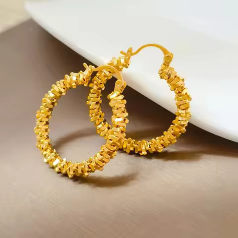 Women's 24K Gold (AU999) Minimalist Fragment Hoop Earrings | 3D Relief Fragments, Hammered Galaxy Te