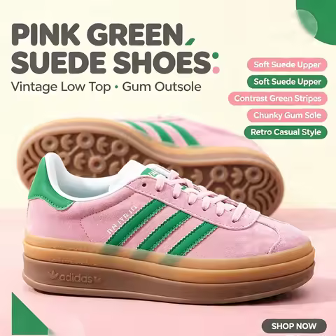 Adidas Originals IE0420 Ladies Retro Pink Suede Sneakers Contrast Green Stripes Non Slip Gum Outsole